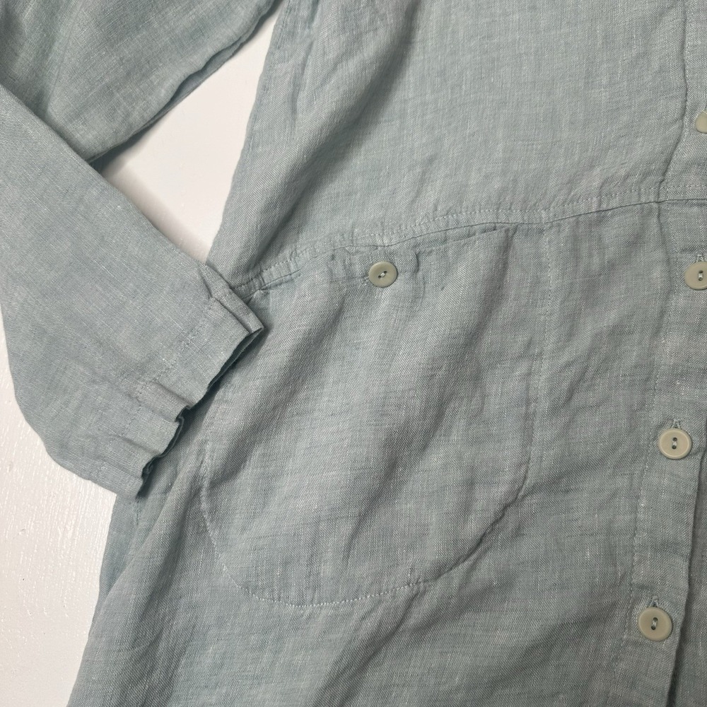 Flax Tunic Dress Small Green Linen Button Front Long Sleeve Lagenlook Top Womens - Picture 2 of 8
